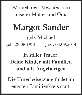 Traueranzeige von Margot Sander von WVG - Wochenspiegel NMB / WSF / ZTZ