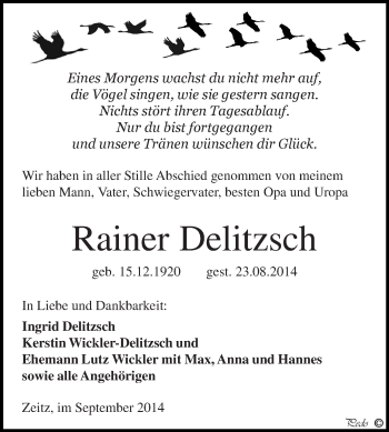 Traueranzeige von Rainer Delitzsch von Super Sonntag Zeitz