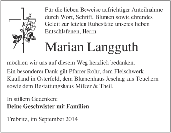 Traueranzeige von Marian Langguth von WVG - Wochenspiegel NMB / WSF / ZTZ