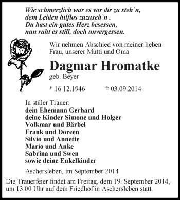Traueranzeige von Dagmar Hromatke von WVG - Wochenspiegel Aschersleben