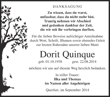 Traueranzeige von Dorit Quinque von WVG - Wochenspiegel Merseburg