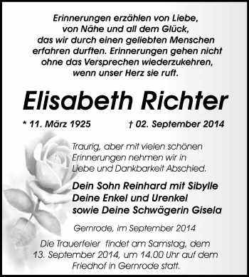 Traueranzeige von Elisabeth Richter von WVG - Wochenspiegel Quedlinburg