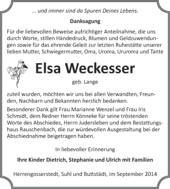 Traueranzeige von Elsa Weckesser von WVG - Wochenspiegel NMB / WSF / ZTZ
