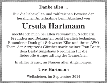 Traueranzeige von Ursula Hartmann von Wochenspiegel Mansfelder Land