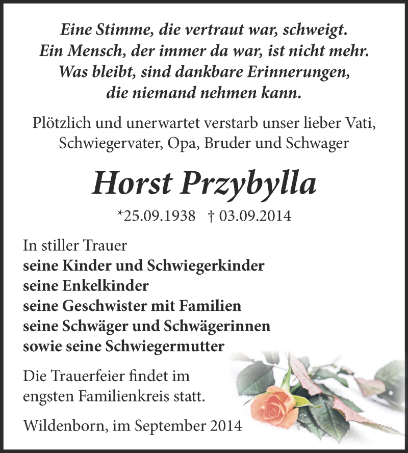  Traueranzeige für Horst Przybylla vom 10.09.2014 aus Super Sonntag Zeitz