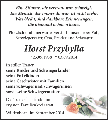 Traueranzeige von Horst Przybylla von Super Sonntag Zeitz