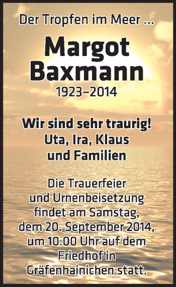 Traueranzeige von Margot Baxmann von Super Sonntag Wittenberg