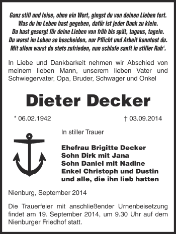Traueranzeige von Dieter Decker von Super Sonntag Bernburg