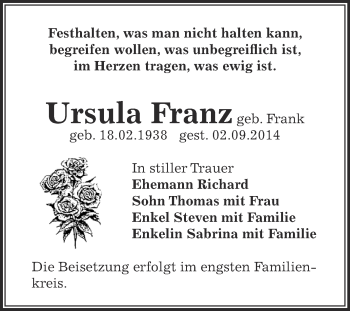 Traueranzeige von Ursula Franz von Super Sonntag Bernburg