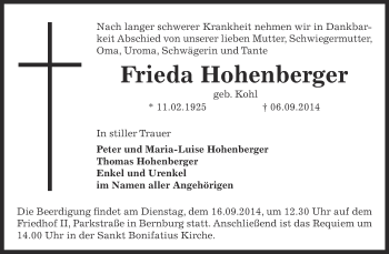 Traueranzeige von Frieda Hohenberger von Super Sonntag Bernburg
