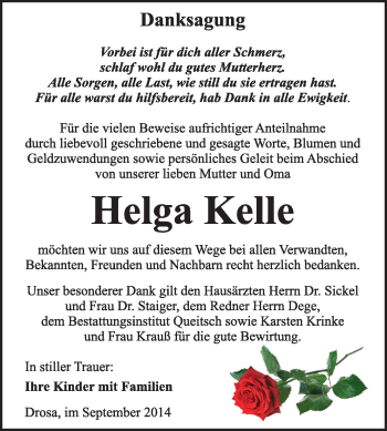 Traueranzeige von Helga Kelle von Super Sonntag Dessau / Köthen
