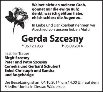 Traueranzeige von Gerda Szcesny von Super Sonntag Dessau / Köthen