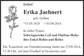 Traueranzeige von Erika Jaehn von WVG - Wochenspiegel NMB / WSF / ZTZ