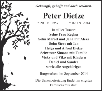 Traueranzeige von Peter Dietze von WVG - Wochenspiegel NMB / WSF / ZTZ