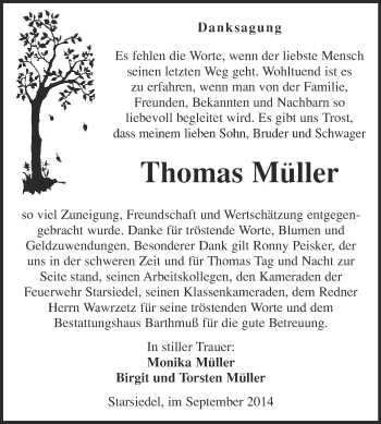 Traueranzeige von Thomas Müller von WVG - Wochenspiegel Merseburg