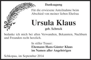 Traueranzeige von Ursula Klaus von Super Sonntag Merseburg