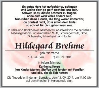 Traueranzeige von Hildegard Brehme von WVG - Wochenspiegel Quedlinburg