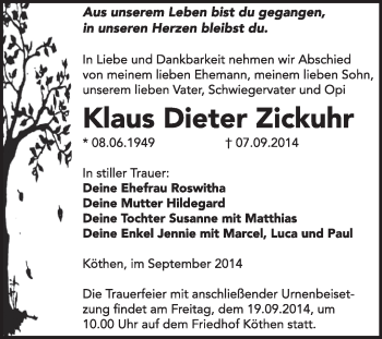 Traueranzeige von Klaus Dieter Zickuhr von Super Sonntag Dessau / Köthen