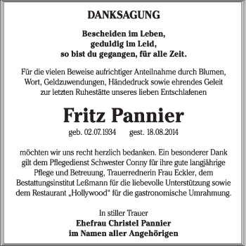 Traueranzeige von Fritz Pannier von WVG - Wochenspiegel Wittenberg