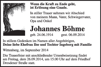 Traueranzeige von Johannes Böhme von Super Sonntag Wittenberg