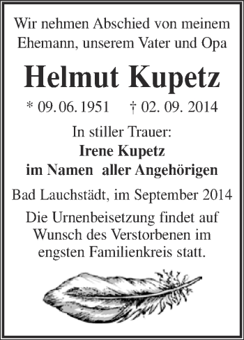 Traueranzeige von Helmut Kupetz von WVG - Wochenspiegel Merseburg