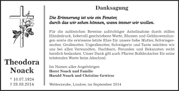 Traueranzeige von Theodora Noack von Super Sonntag Zeitz