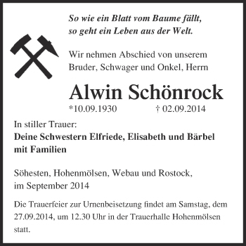 Traueranzeige von Alwin Schönrock von WVG - Wochenspiegel NMB / WSF / ZTZ