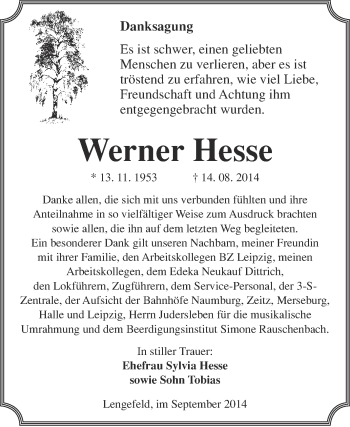 Traueranzeige von Werner Hesse von WVG - Wochenspiegel NMB / WSF / ZTZ