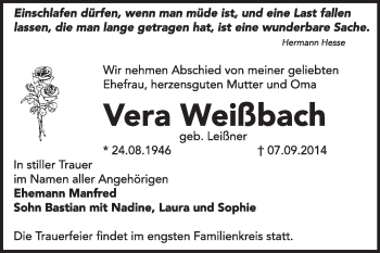 Traueranzeige von Vera Weißbach von Super Sonntag Dessau / Köthen