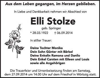 Traueranzeige von Elli Stolze von Super Sonntag Dessau / Köthen