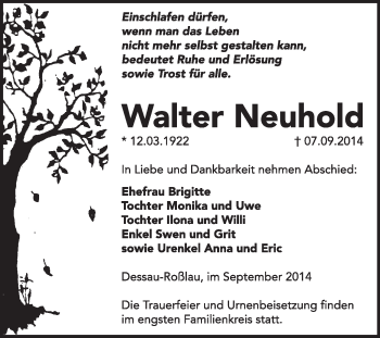 Traueranzeige von Walter Neuhold von Super Sonntag Dessau / Köthen