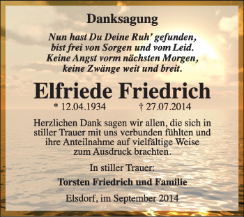 Traueranzeige von Elfriede Friedrich von Super Sonntag Dessau / Köthen
