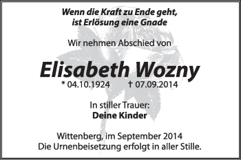 Traueranzeige von Elisabeth Wozny von WVG - Wochenspiegel Wittenberg