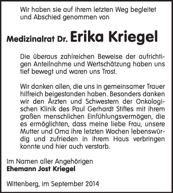 Traueranzeige von Erika Kriegel von WVG - Wochenspiegel Wittenberg