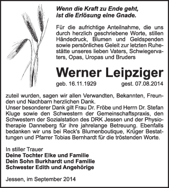 Traueranzeige von Werner Leipziger von WVG - Wochenspiegel Wittenberg