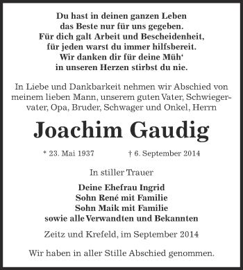 Traueranzeige von Joachim Gaudig von Super Sonntag Zeitz