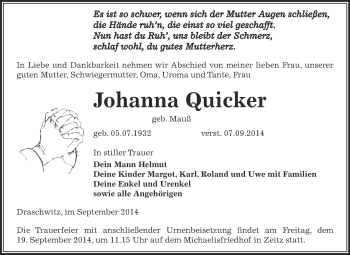 Traueranzeige von Johanna Quicker von Super Sonntag Zeitz