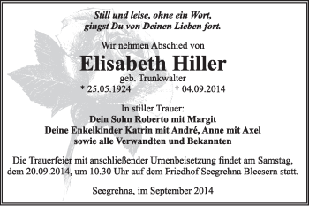 Traueranzeige von Elisabeth Hiller von Super Sonntag Wittenberg