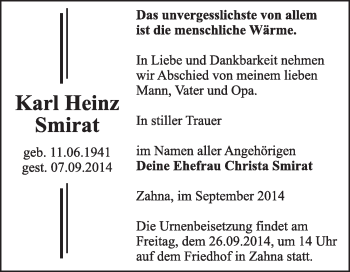Traueranzeige von Karl Heinz Smirat von Super Sonntag Wittenberg