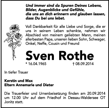 Traueranzeige von Sven Rothe von Super Sonntag Dessau / Köthen