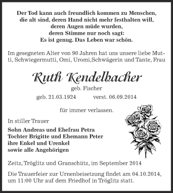 Traueranzeige von Ruth Kendelbacher von Super Sonntag Zeitz