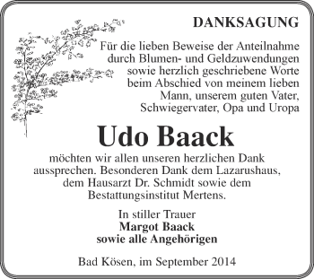 Traueranzeige von Udo Baack von WVG - Wochenspiegel NMB / WSF / ZTZ