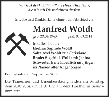Traueranzeige von Manfred  Woldt von WVG - Wochenspiegel Merseburg