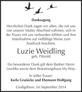 Traueranzeige von Luzie Weidling von Super Sonntag Merseburg