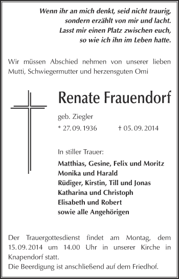 Traueranzeige von Renate Frauendorf von Super Sonntag Merseburg