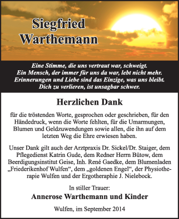 Traueranzeige von Siegfried Warthemann von Super Sonntag Dessau / Köthen