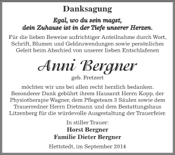 Traueranzeige von Anni Bergner von Wochenspiegel Mansfelder Land