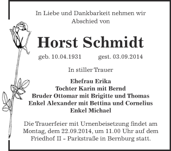 Traueranzeige von Horst Schmidt von Super Sonntag Bernburg