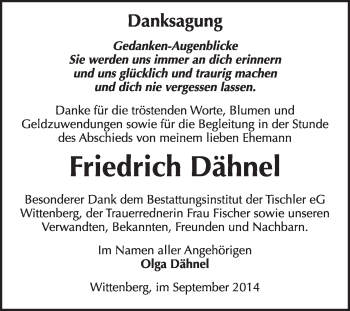 Traueranzeige von Friedrich Dähnel von WVG - Wochenspiegel Wittenberg