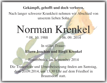 Traueranzeige von Norman Krenkel von WVG - Wochenspiegel Merseburg